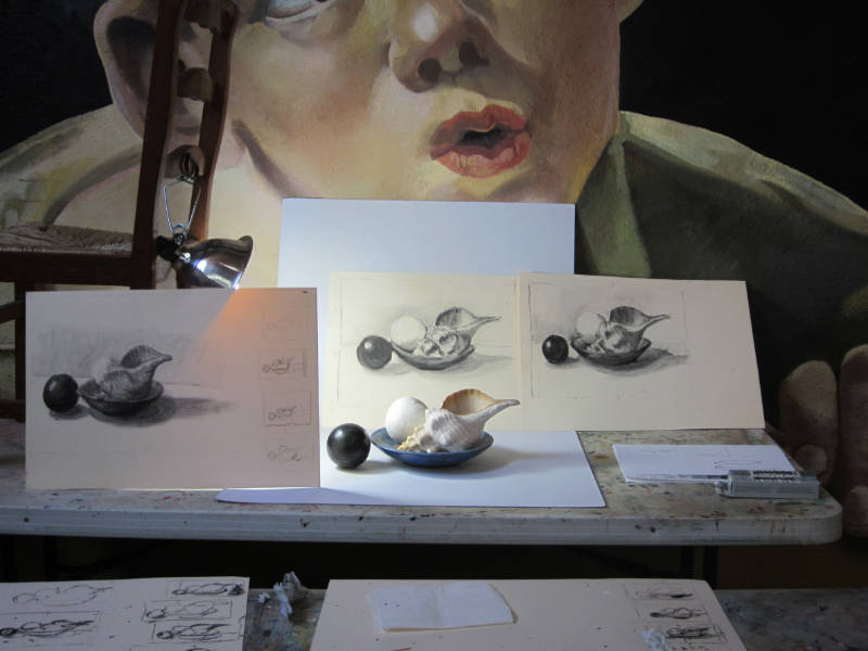 Writing Lessons from a Drawing Class: A still life of a bowl, two balls and a shell, and three drawings of that still life