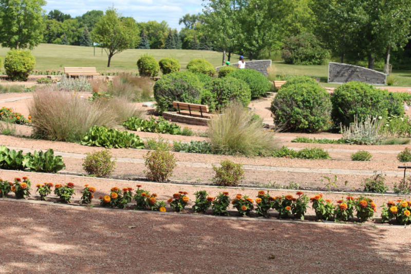 Shrubs and flowers blooming around the circular paths of the Carol Shields Memorial Labytrinth