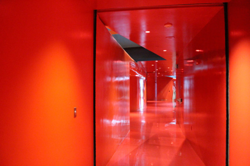 Red floors, walls, and ceilings of one floor in the Seattle Central Library