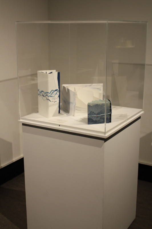 A display of three blue and white artists' books inside a glass display case at Art of the Book 2018