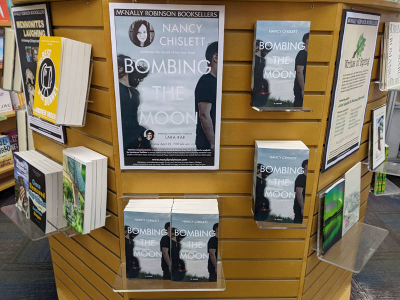 Book store display of Bombing the Moon books
