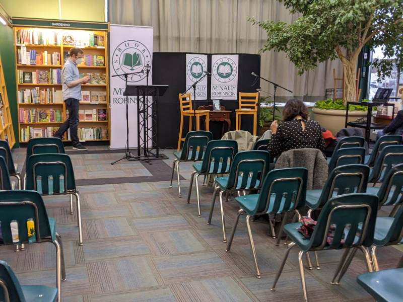 Chairs set up in rows for a book launch in a book store 